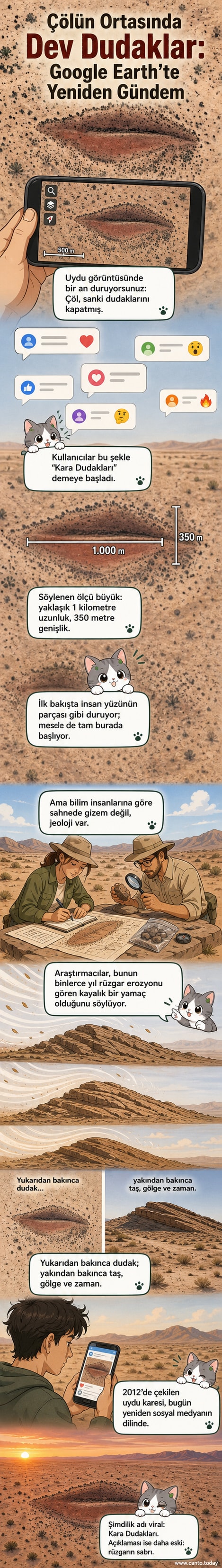Uydu görüntüsünde çöl ortasında yer alan ve iki dudağa benzeyen dev kaya oluşumu.