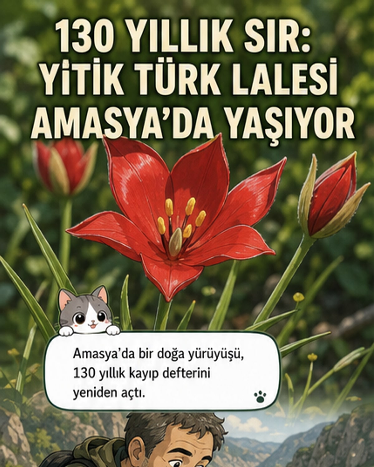 Amasya'nın dağlık bir bölgesinde, kırmızımsı turuncu renkli, uzun saplı bir lale çiçeği topraktan çıkıyor. Arka planda yeşil otlar ve kayalık bir arazi görünüyor.