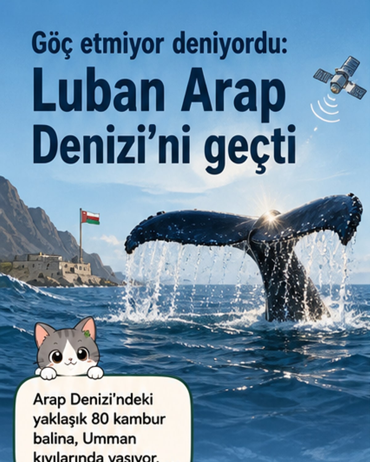Luban adlı kambur balinanın Umman'dan Hindistan'a uzanan 7 bin km'lik göç rotası harita üzerinde gösteriliyor.