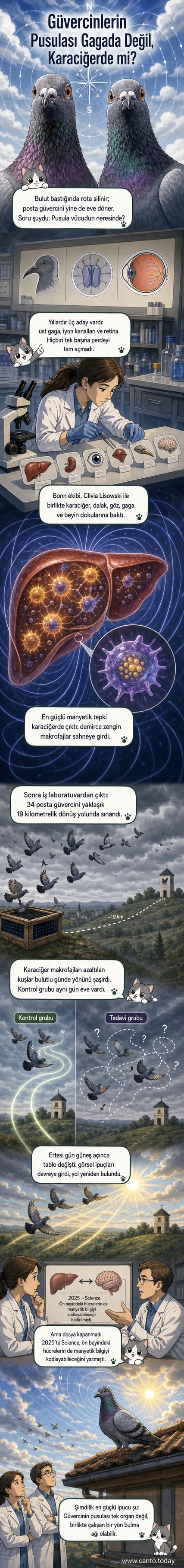 Bir posta güvercininin karaciğer dokusunda manyetik alan algılayan demirli hücrelerin sanatsal gösterimi