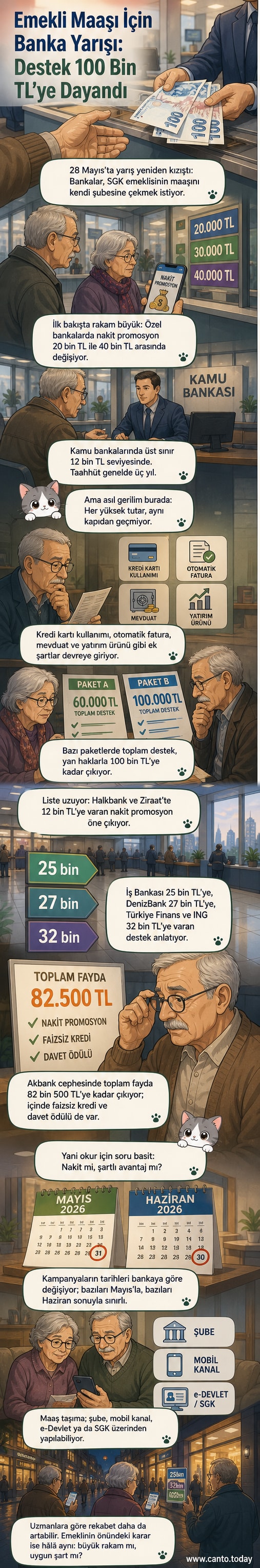 Bir banka şubesinde emekli bir kişiyle çalışan arasında promosyon konuşması geçiyor; arka planda 'Emekli Promosyonu' afişi var.