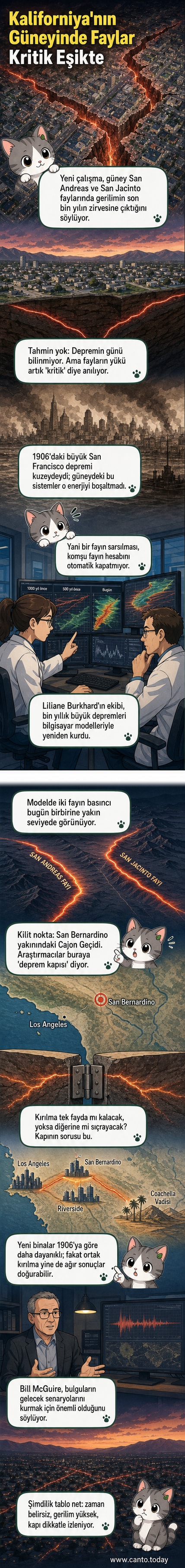 Kaliforniya haritası üzerinde iki fay hattı ve Cajon Geçidi'nde biriken gerilimin görselleştirilmesi