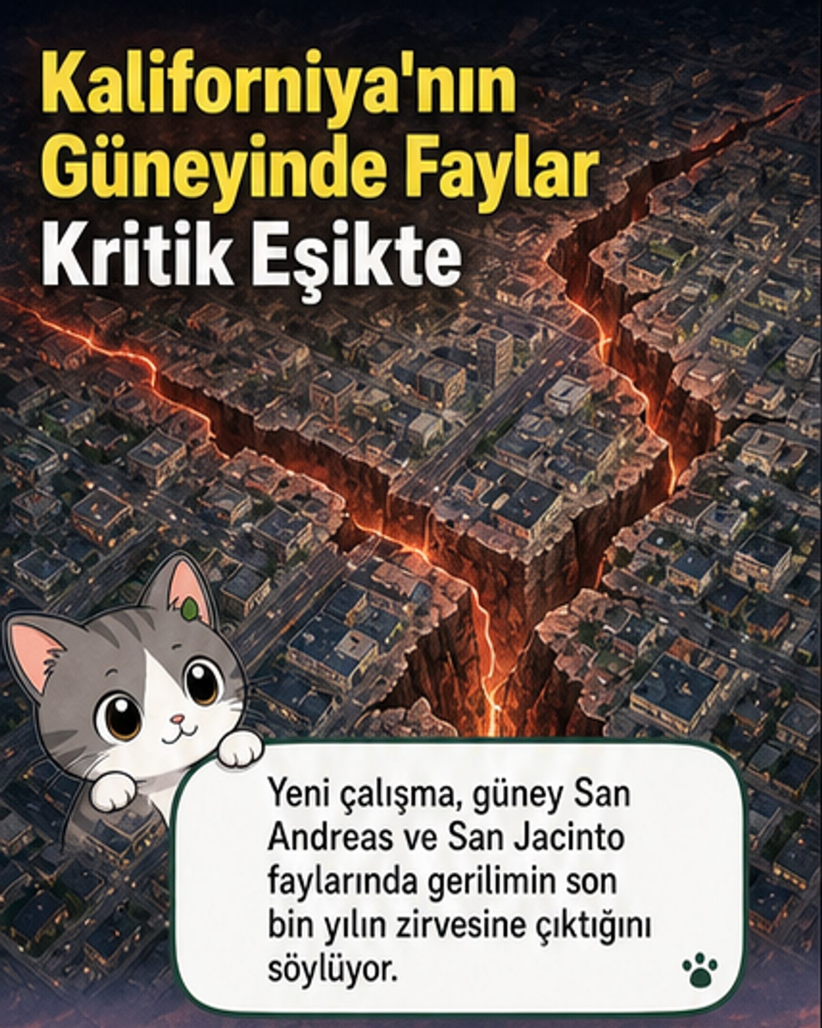 Kaliforniya haritası üzerinde iki fay hattı ve Cajon Geçidi'nde biriken gerilimin görselleştirilmesi