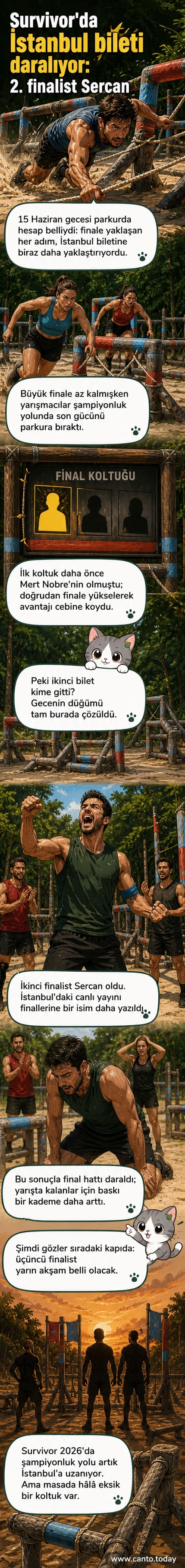 Survivor 2026 yarışmasında parkurda mücadele eden iki yarışmacı, arka planda jüri ve izleyici heyecanla izliyor