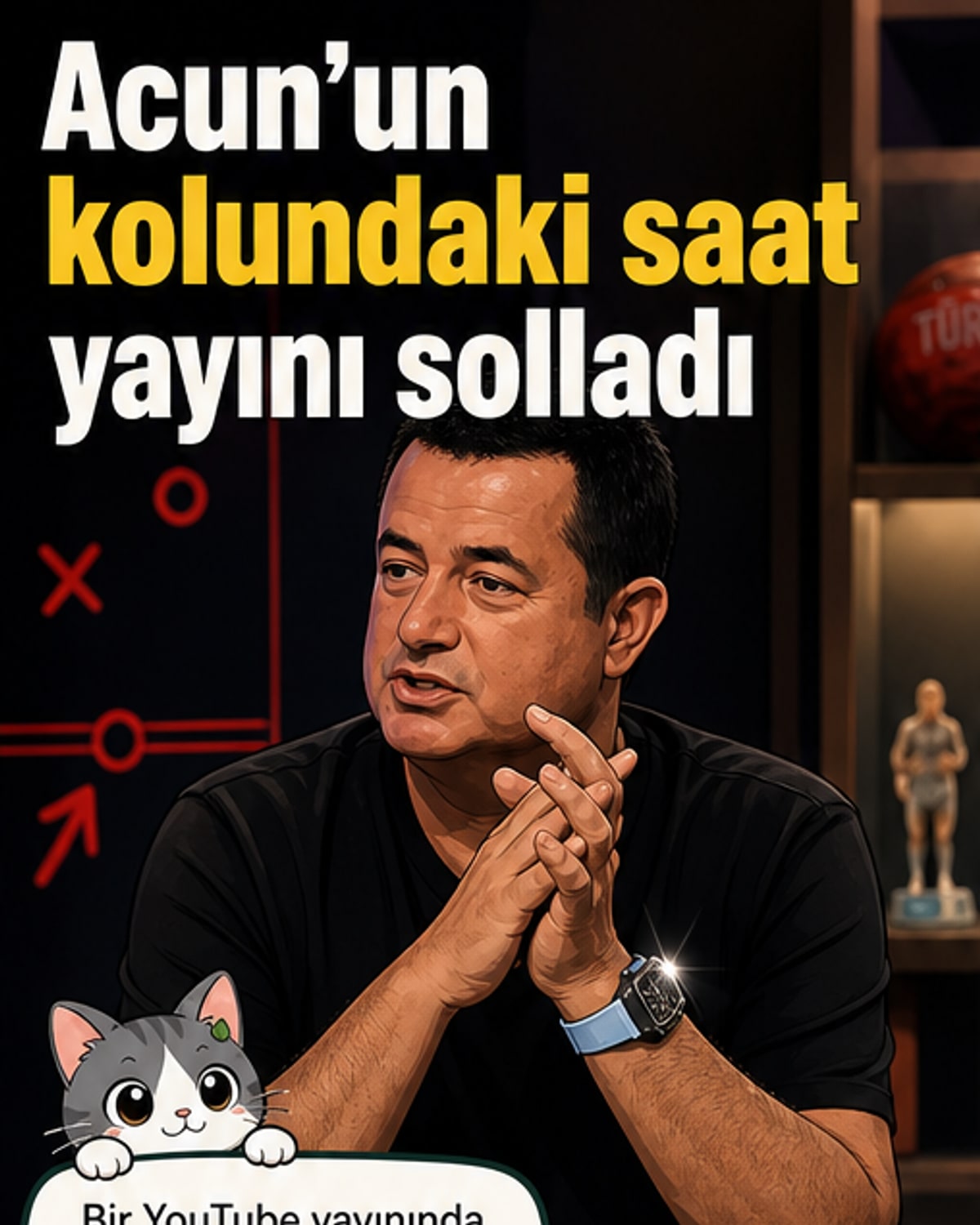 Acun Ilıcalı'nın kolundaki lüks saatin yakın planı, arka planda bir YouTube yayını ortamı var.