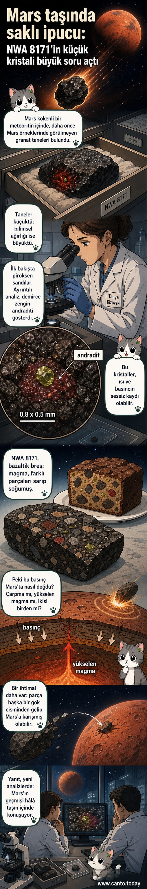 Mars'tan gelen bir meteoritin içinde sarımsı-yeşil renkli küçük granat kristalleri laboratuvar ortamında inceleniyor.