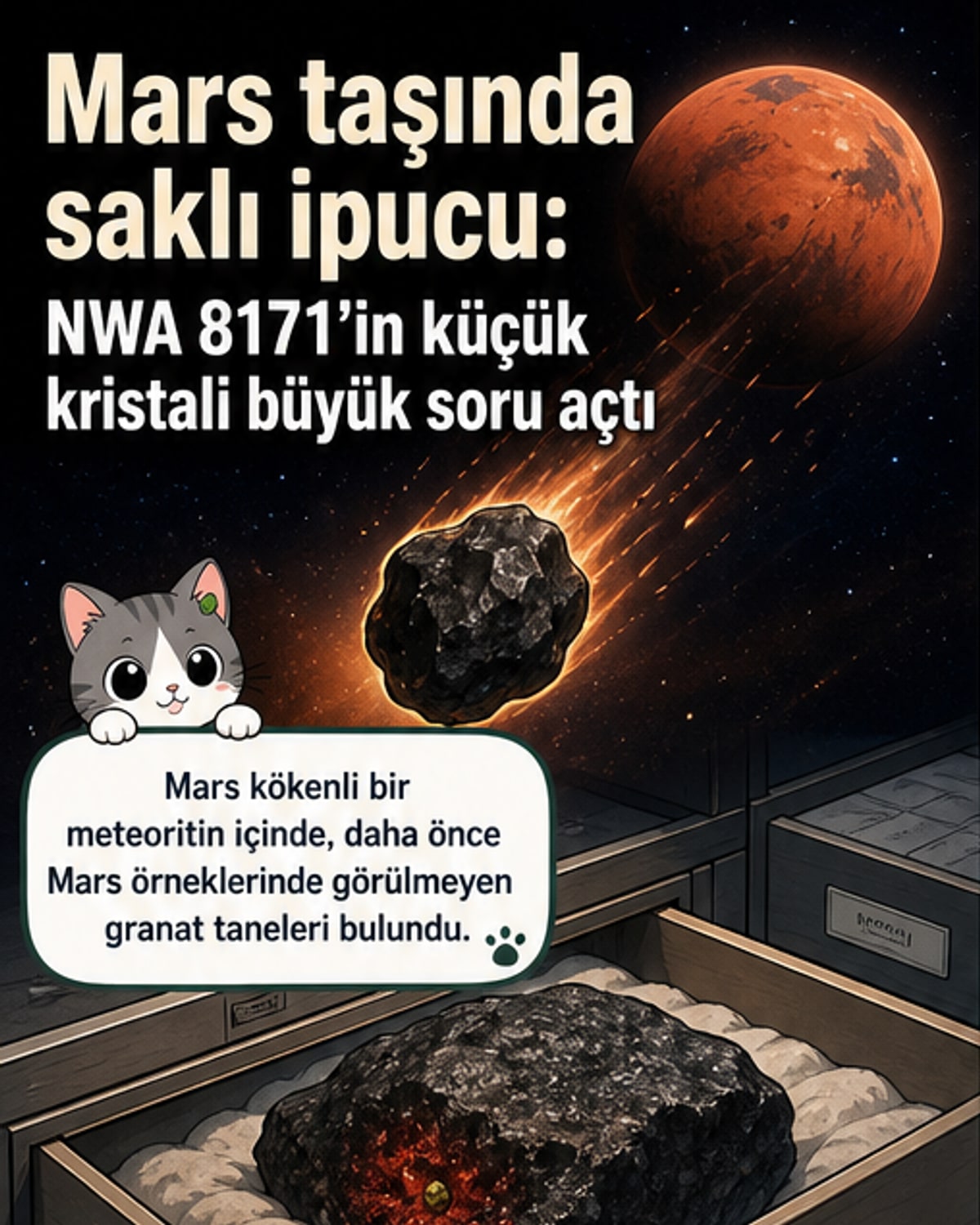 Mars'tan gelen bir meteoritin içinde sarımsı-yeşil renkli küçük granat kristalleri laboratuvar ortamında inceleniyor.
