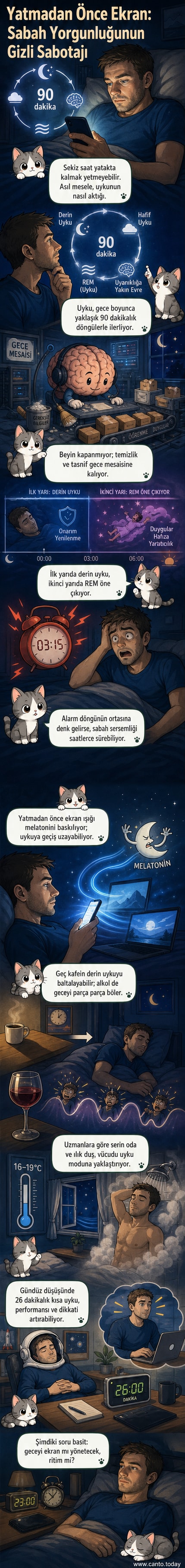 Bir kişi yatmadan önce telefonuna bakarken, beyninde uyku döngülerinin nasıl bozulduğu gösteriliyor