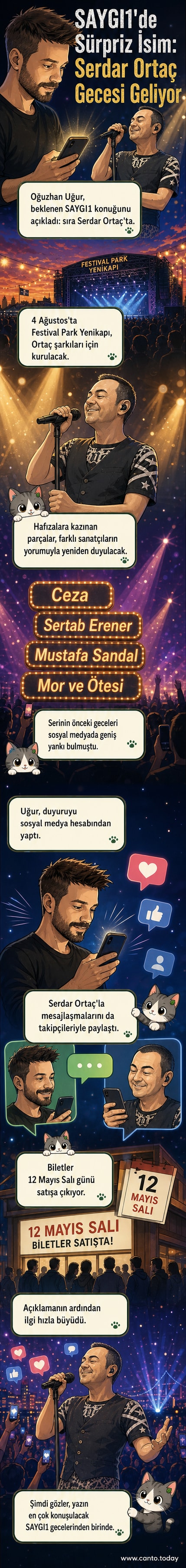 Serdar Ortaç'ın fotoğraflı portresi, arka planda sahne ışıkları ve mikrofon siluetiyle birlikte, 'Saygı1' logosu yan yana.