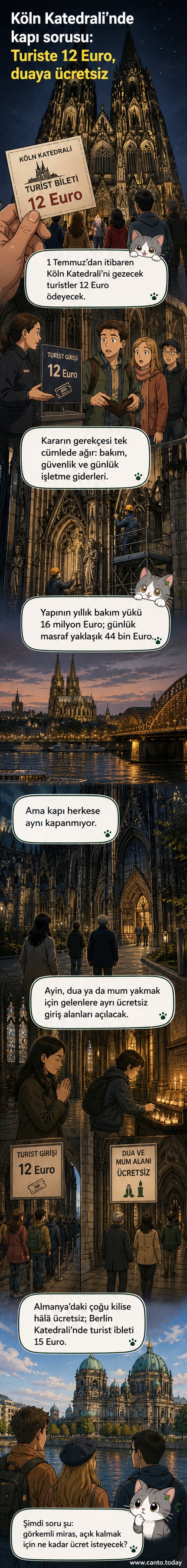 Köln Katedrali'nin gece aydınlatılmış halinin panoramik görüntüsü, ön planda turistler görülüyor.