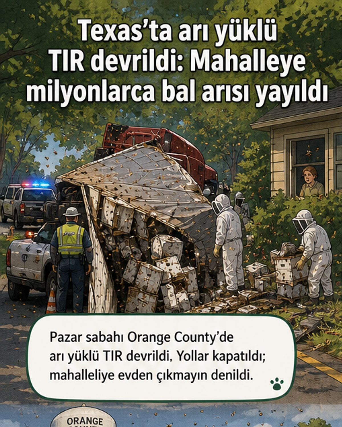 Devrilen bir TIR'ın yanındaki yolda dağılmış arı kovanları, etrafta uçuşan bal arıları ve kurtarma ekipleri.