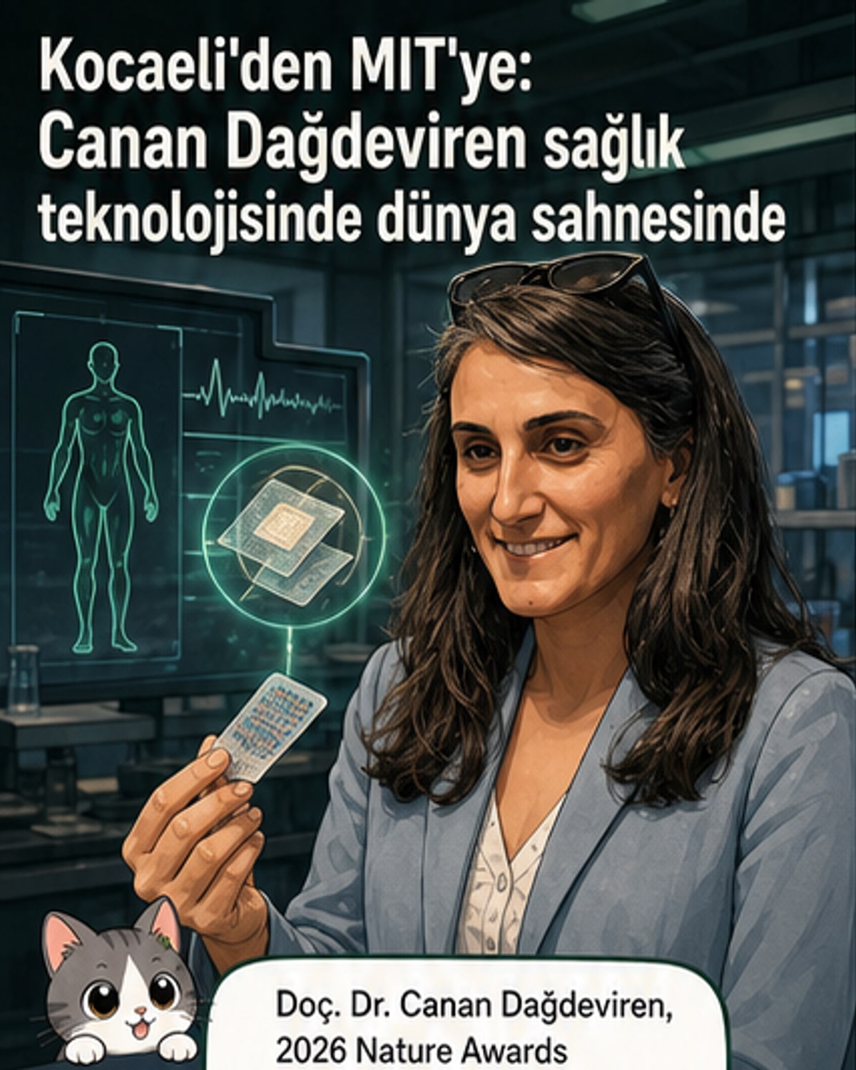 Doç. Dr. Canan Dağdeviren'in portresi, arkada MIT laboratuvarı ve tıbbi cihaz tasarımlarıyla birlikte.