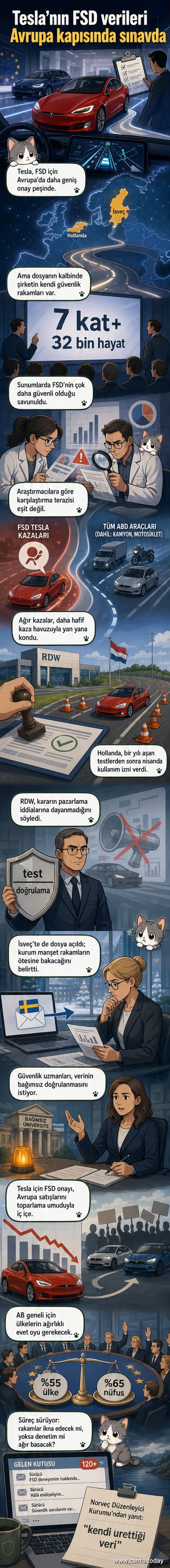 Tesla aracının otonom sürüş modunda yol üzerinde ilerlediği bir sahne, arka planda Avrupa haritası ve veri grafikleri yer alıyor.