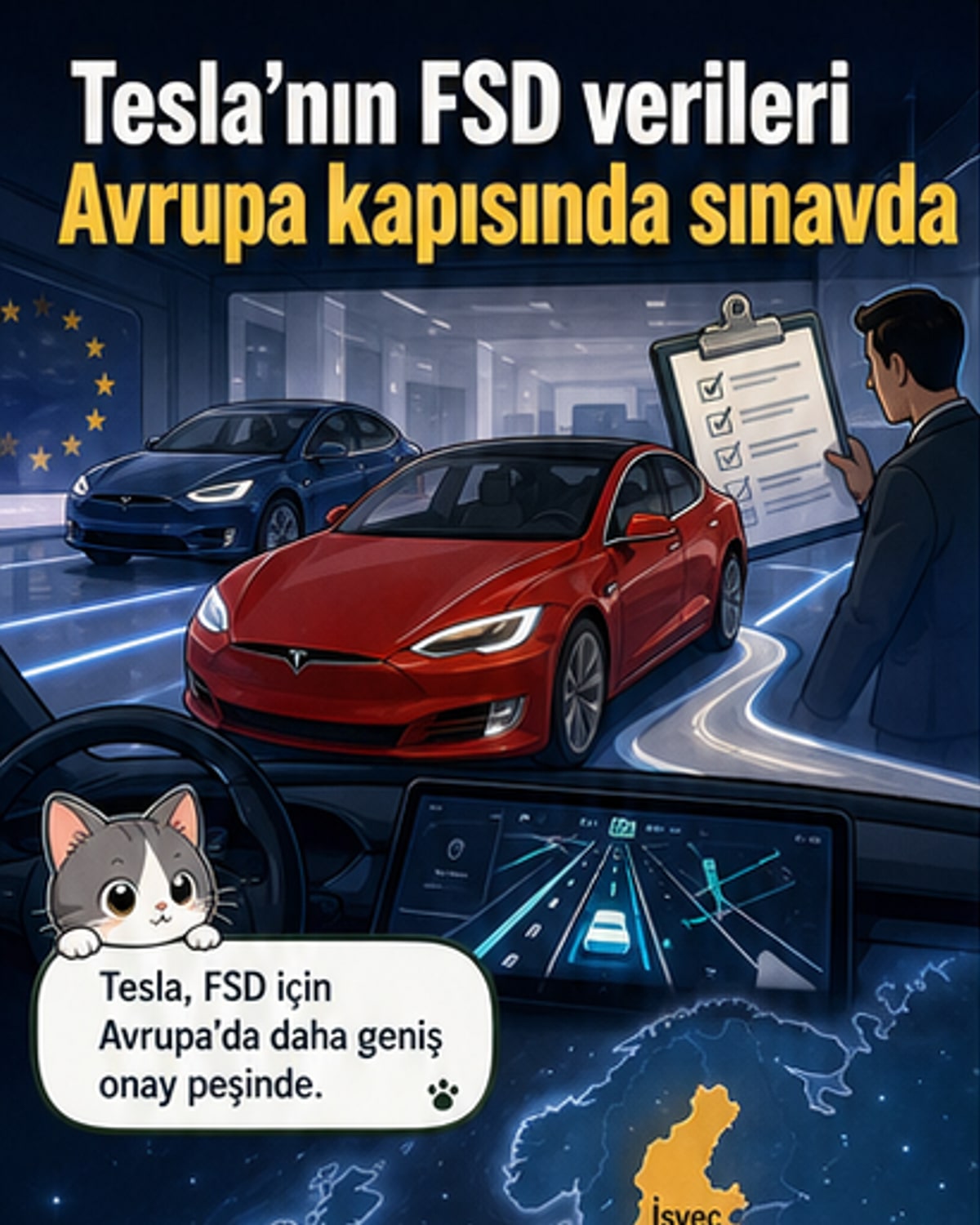 Tesla aracının otonom sürüş modunda yol üzerinde ilerlediği bir sahne, arka planda Avrupa haritası ve veri grafikleri yer alıyor.