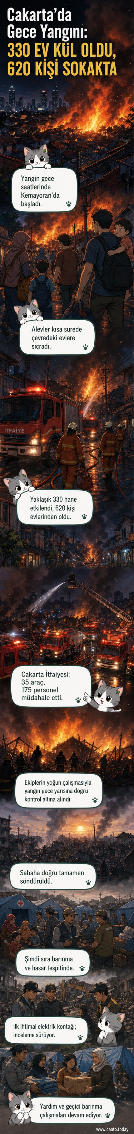 Cakarta'da çıkan bir yangının ardından hasar gören evler ve itfaiye ekipleri.