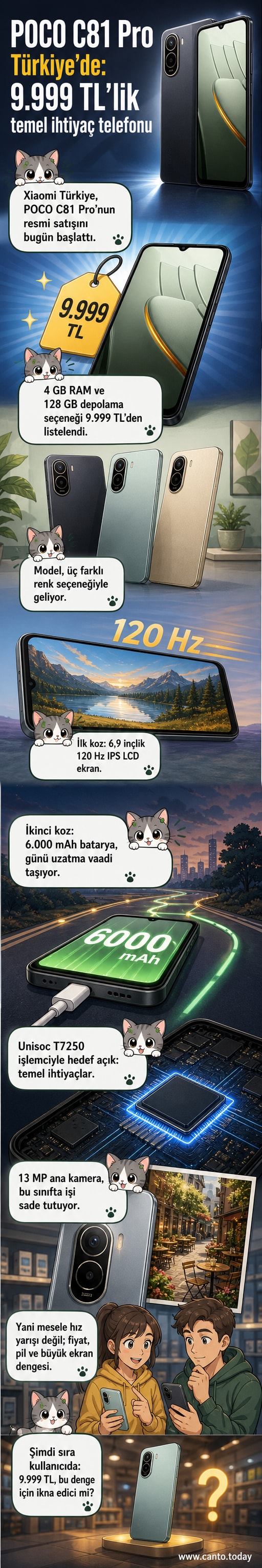 POCO C81 Pro akıllı telefonun ön ve arka görünümü, 6,9 inç ekran ve 6.000 mAh batarya vurgusuyla
