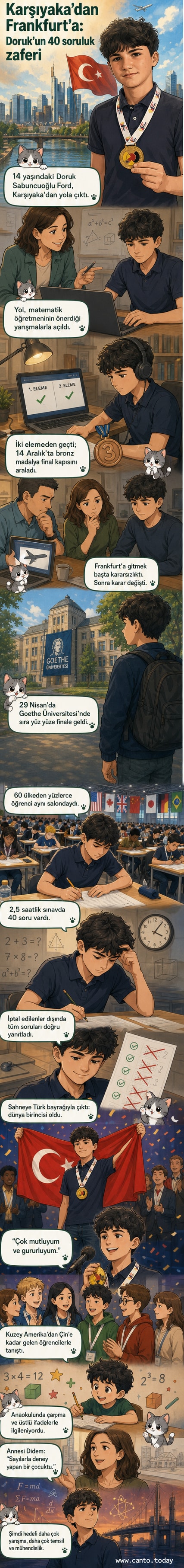 14 yaşındaki Doruk Sabuncuoğlu Ford, elinde altın madalya ve Türk bayrağıyla gülümsüyor, arka planda Goethe Üniversitesi binası görülüyor.