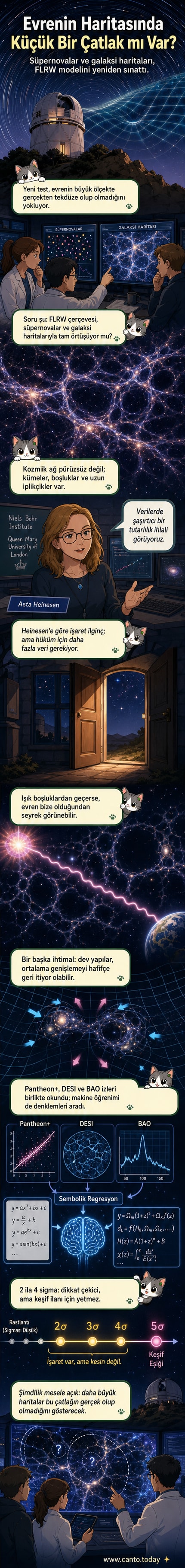 Evrenin büyük ölçekli galaksi haritasında FLRW modelinden sapmalar gösteren görsel bir analiz