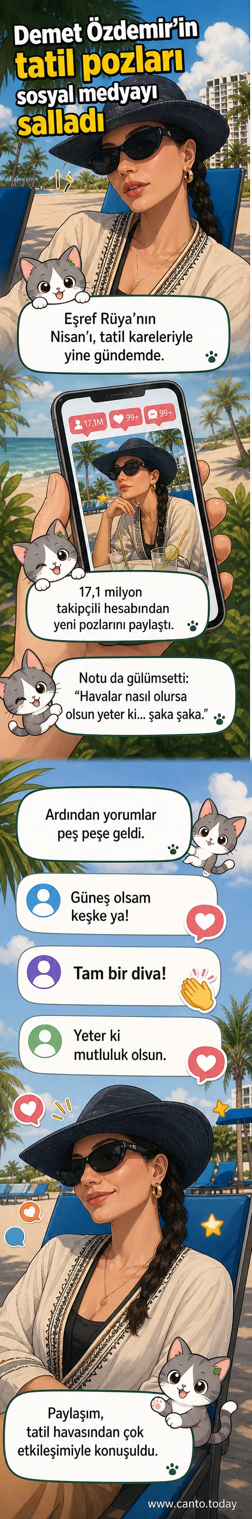 Demet Özdemir, plajda poz verirken güneşin altında gülümseyen bir kare.
