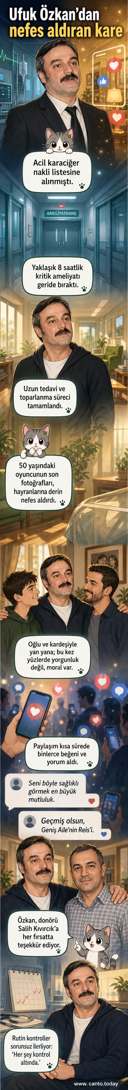 Ufuk Özkan, ailesiyle birlikte poz verirken gülümseyen bir fotoğrafa bakıyor.