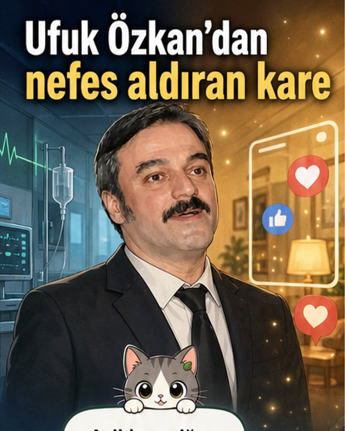 Ufuk Özkan, ailesiyle birlikte poz verirken gülümseyen bir fotoğrafa bakıyor.