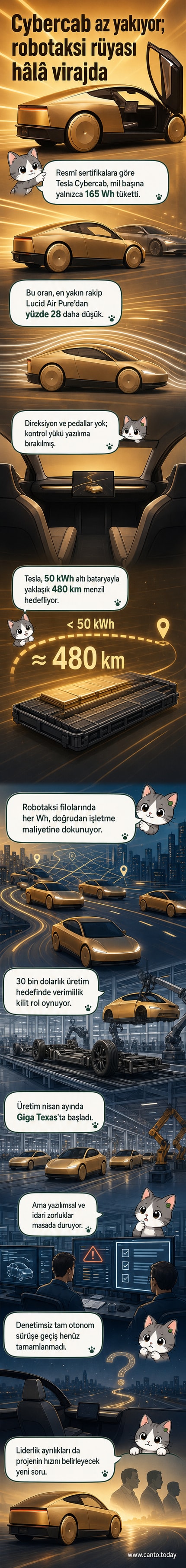 Tesla Cybercab'ın damla formundaki aerodinamik tasarımı, düşük enerji tüketimini simgeliyor.