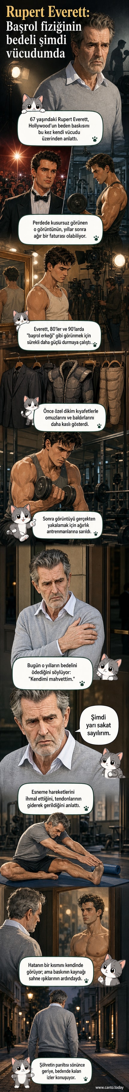Yaşlanan bir erkek aktör, spor salonunda ağırlık kaldırırken tendonlarında gerilme yaşayan bir sahneyi anlatan çizim.