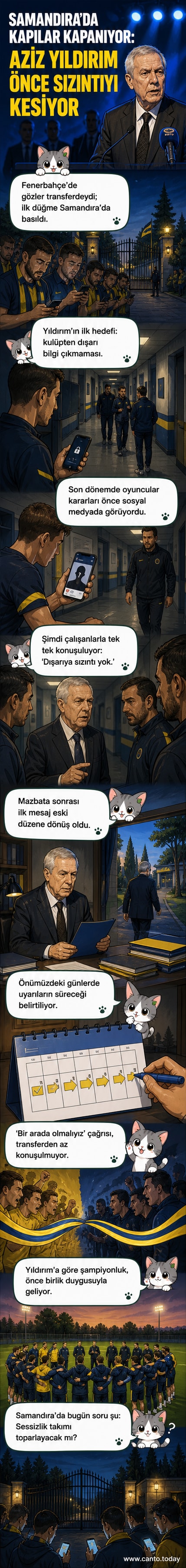 Fenerbahçe başkanı Aziz Yıldırım, Samandıra tesislerinde çalışanlarla toplantı yapıyor, elinde notlarla konuşuyor, arka planda futbolcular çalışıyor.