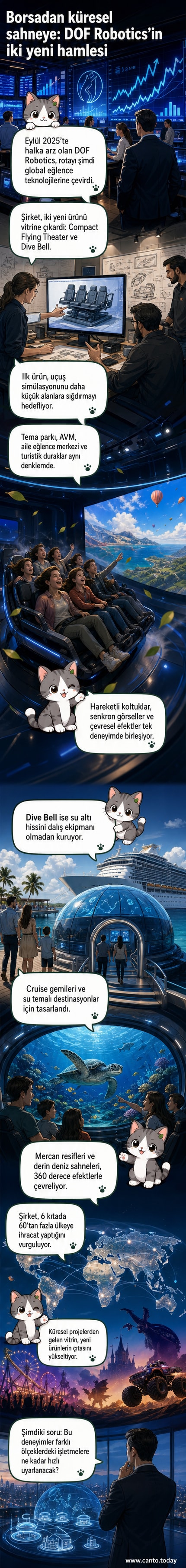 DOF Robotics'ın yeni ürünleri Compact Flying Theater ve Dive Bell'in sanatsal görselleri yan yana gösteriliyor