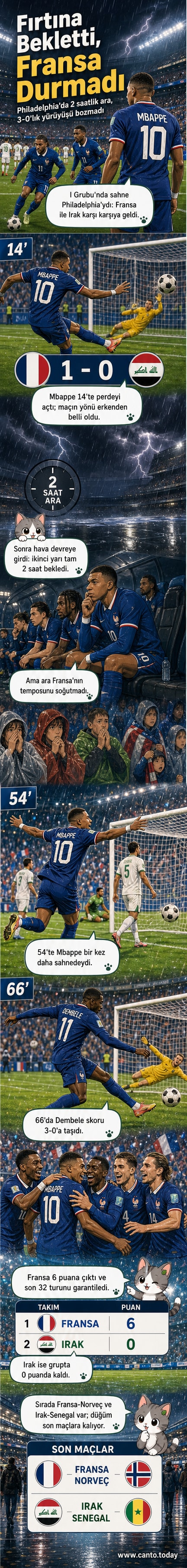 Fransa futbol takımı, Philadelphia Stadyumu'nda Irak maçı sonrası sahada toplanmış, hava muhalefeti sonrası oynanan maçı 3-0 kazanmış.