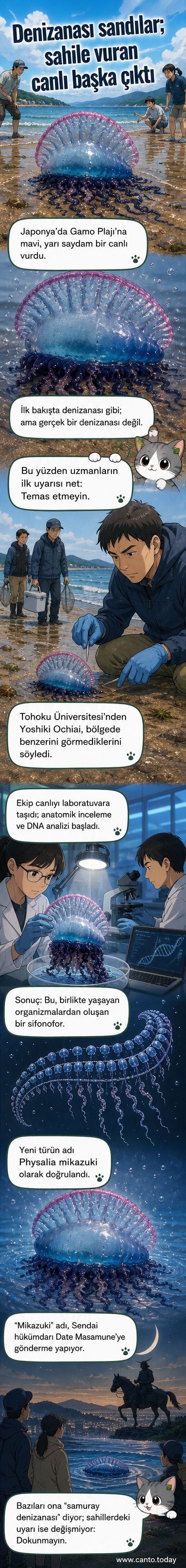 Mavi ve yarı saydam bir sifonofor türü sahile vurmuş, bilim insanları etrafında çalışıyor.