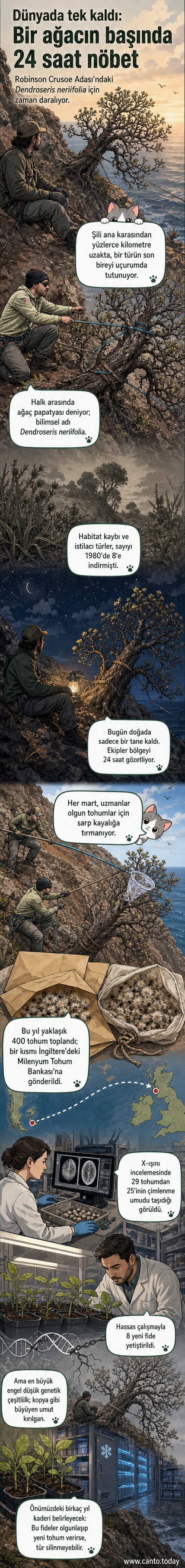 Sarp bir uçurumun kenarında, halatlarla desteklenmiş tek bir ağaç; arka planda deniz ve gökyüzü var.