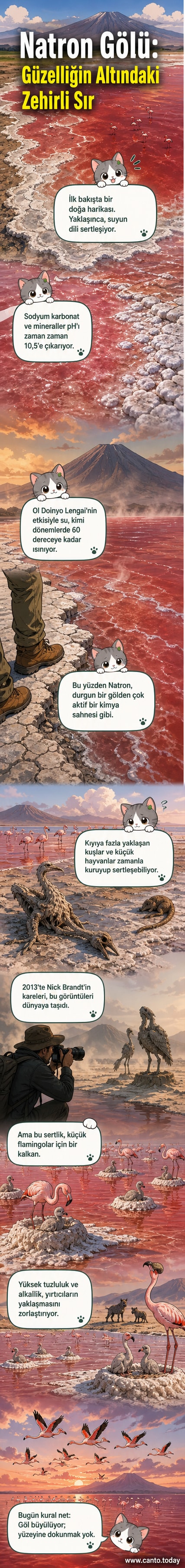 Natron Gölü'nde suda duran, mumyalaşmış gibi görünen kuşlar ve gölün kırmızımsı yüzeyi. Arka planda volkanik dağ Ol Doinyo Lengai.