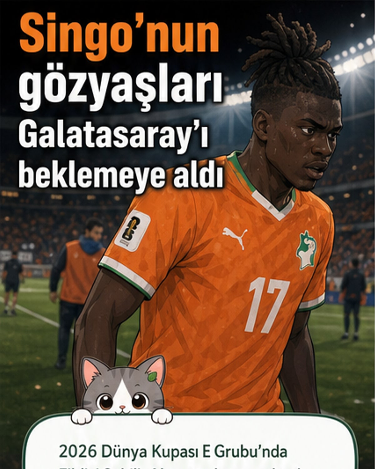 Galatasaraylı futbolcu Wilfried Singo, Dünya Kupası maçında sakatlanarak sahada diz çökmüş, eliyle sol bacağını tutuyor, gözyaşları yüzünde akıyor.