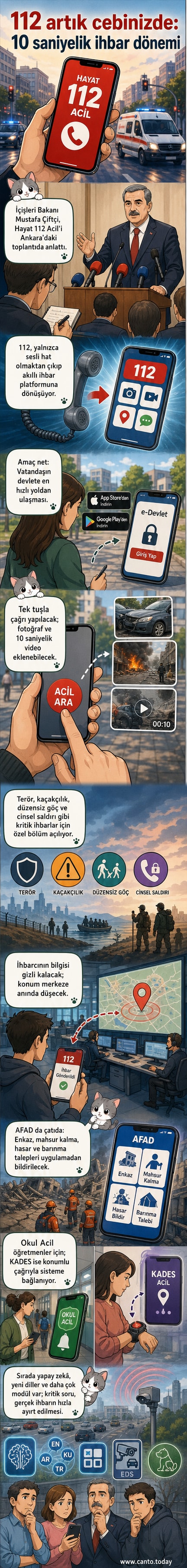 Hayat 112 Acil uygulamasının ekran görüntüsü: acil durum butonu, konum paylaşımı ve video ihbar özellikleri gösteriliyor