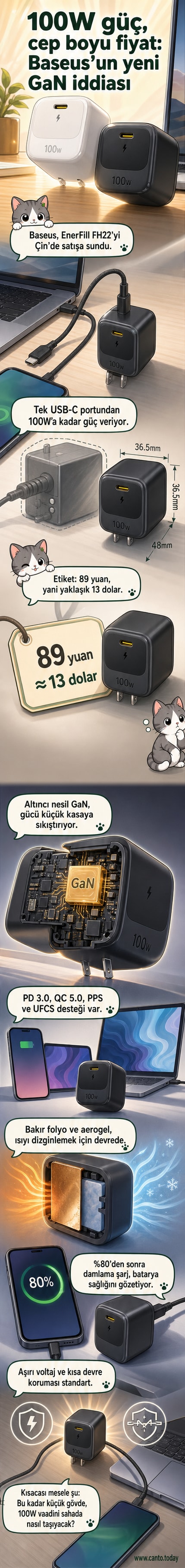 Baseus EnerFill FH22 100W GaN şarj adaptörünün siyah ve beyaz modelleri, kompakt boyutlarıyla birlikte gösteriliyor.