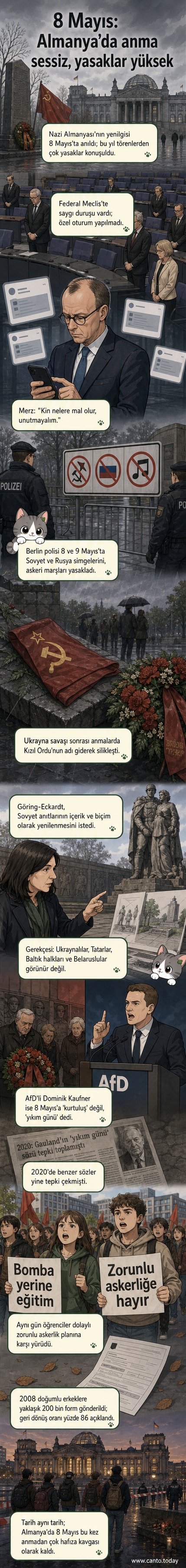 Almanya'da 8 Mayıs İkinci Dünya Savaşı anmaları sırasında polis tarafından Sovyet bayrağı gösterimine yasak konulmuş, sessiz bir tören sahnesi.