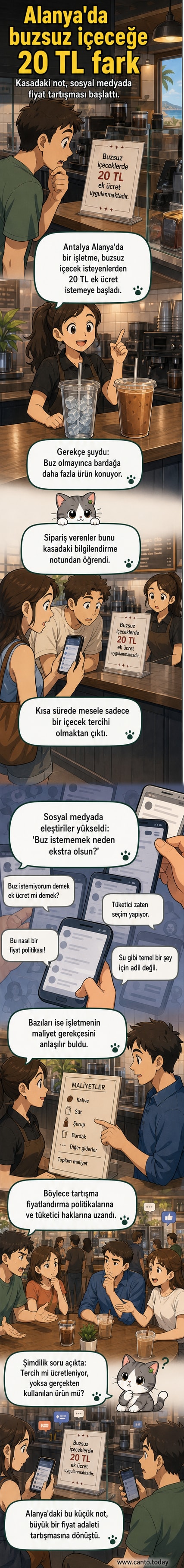 Bir kafede içecek menüsünün yanında 'Buzsuz içeceklerde 20 TL fiyat farkı' yazan bir tabela gösteriliyor.