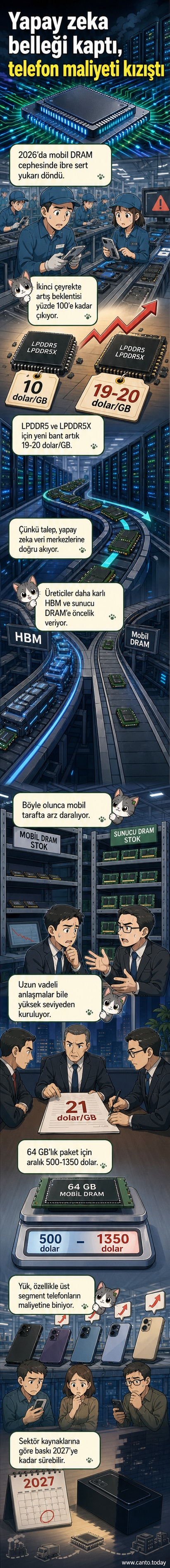 Bir akıllı telefonun içinde işlemcinin etrafında yükselen fiyat grafikleriyle çevrili bir sahne, arka planda yapay zeka sunucuları ve üretim fabrikaları görülüyor.