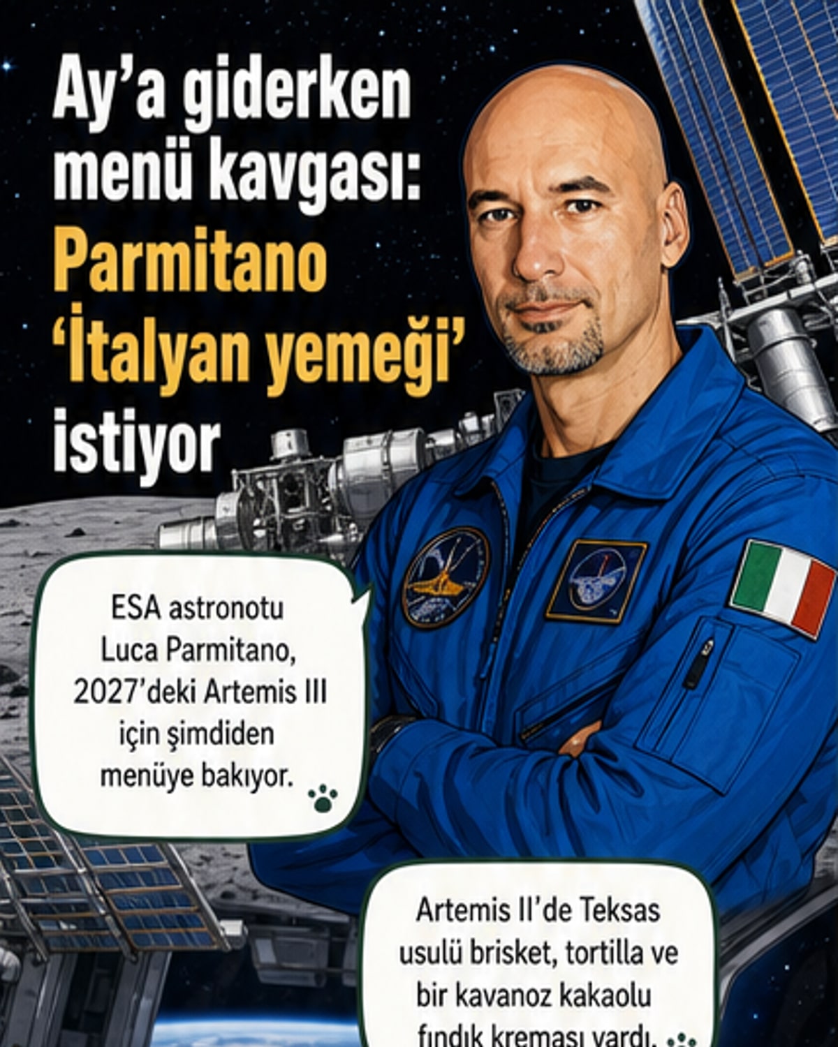 İtalyan bayrağı ve ESA amblemi taşıyan bir astronot üniforması, uzay istasyonu arka planda. Sağ alt köşede küçük bir İtalyan bayrağı ve makarna tabağı simgesi.