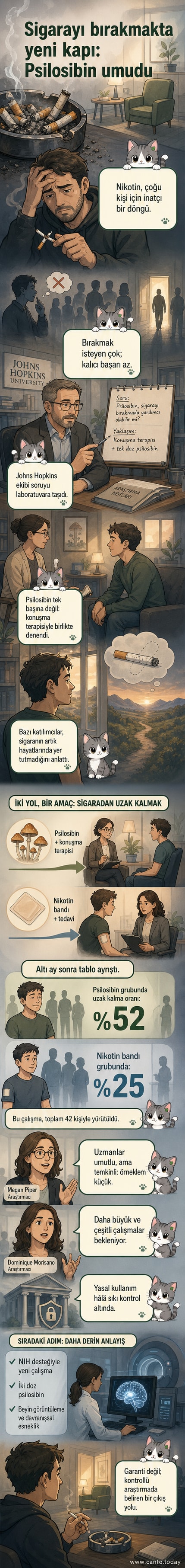 Bir kişi, elinde sihirli mantar resmiyle sigarayı bırakma sürecini anlatıyor; arka planda beyin görüntüleri ve terapi oturumları görülüyor.