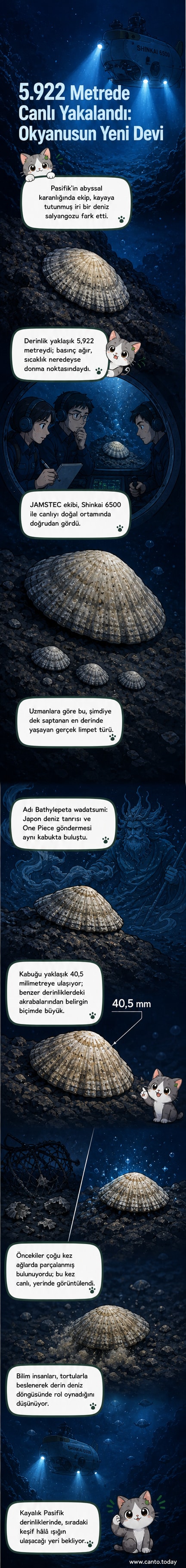 Pasifik'in 6 kilometre altında, volkanik bir kayaya tutunmuş büyük bir deniz salyangozu türü olan Bathylepeta wadatsumi'nin görsel tasviri.