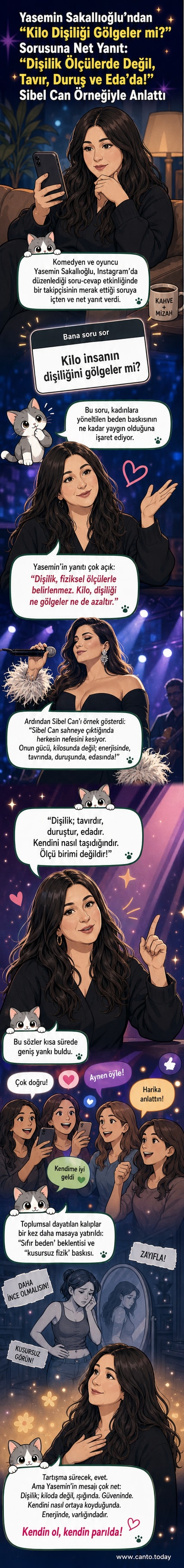 Yasemin Sakallıoğlu'nun portresi, arka planda Sibel Can'ın sahne performansı ile birlikte, beden pozitifliği mesajını vurgulayan bir kompozisyon.
