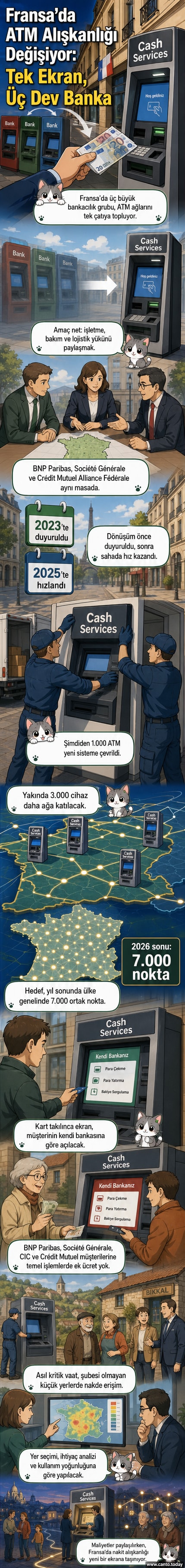 Fransa'da yeni nesil ortak ATM'lerin dijital tasarımı, 'Cash Services' logosu ve üç bankanın renkleriyle gösteriliyor