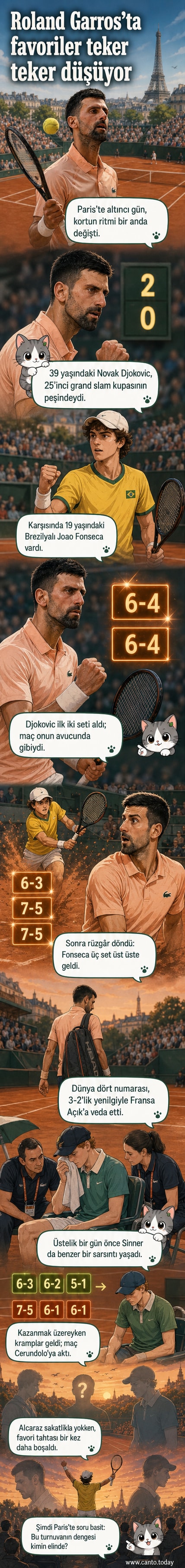 Novak Djokovic, Fransa Açık'ta oynadığı maç sırasında sahada terli ve yorgun bir şekilde duruyor, arka planda seyirciler ve kırmızı toprak kort görünüyor.