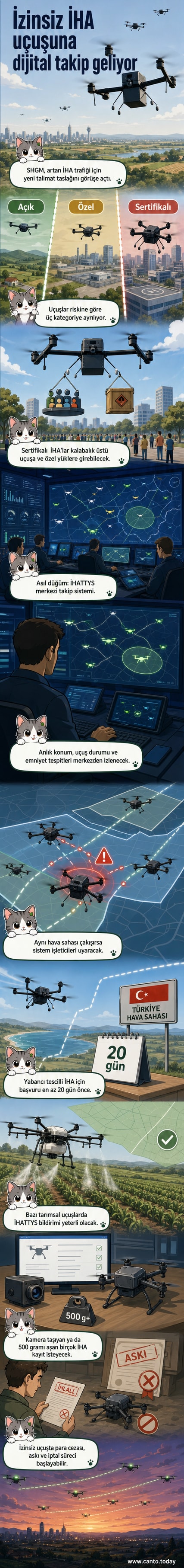 İHA'ların hava sahasında anlık olarak takip edildiği dijital bir izleme sistemi ekranı, harita üzerinde hareket eden drone'lar ve uyarı simgeleriyle