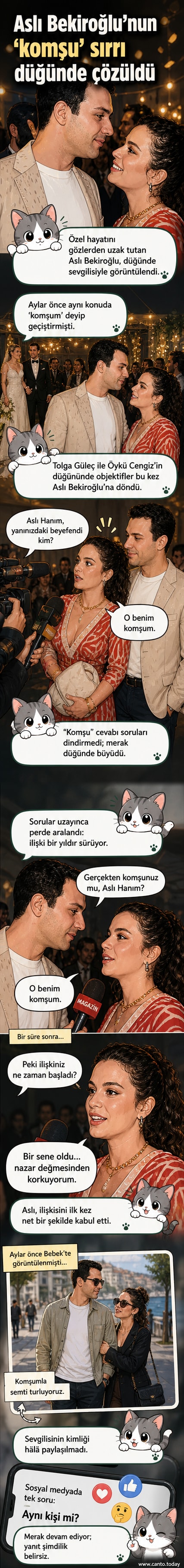 Aslı Bekiroğlu, düğün sırasında sevgilisiyle birlikte objektiflere yansıyor, gülümseyerek sorulara yanıt veriyor.