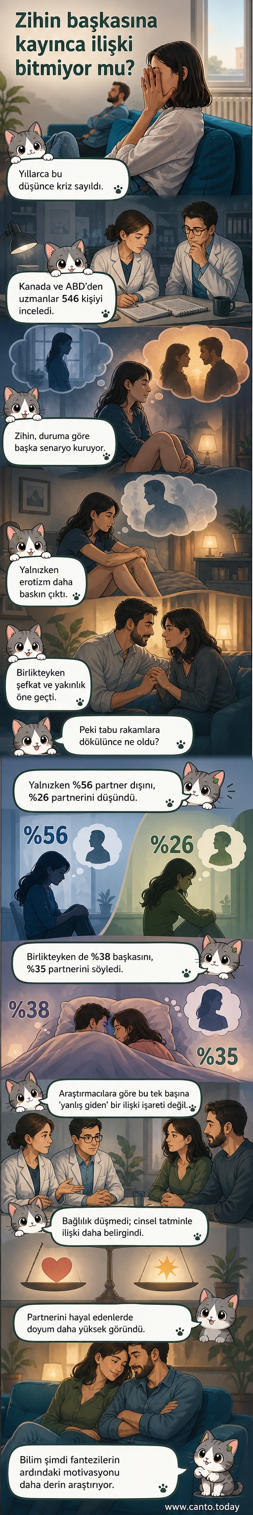 İki kişi birbirine sırtını dönmüş, zihinlerinde farklı figürler canlanıyor; bir bilimsel webtoon haberde cinsel fantezilerin psikolojisi anlatılıyor.