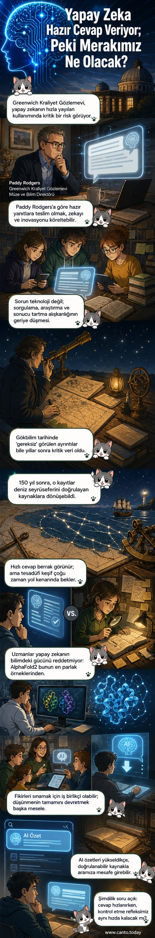 Bir el, bir yapay zeka ekranına doğru uzanırken, diğer el bir teleskopun gövdesine dokunuyor; arka planda bir beyin şeklindeki ışık hüzmesi zayıflıyor.