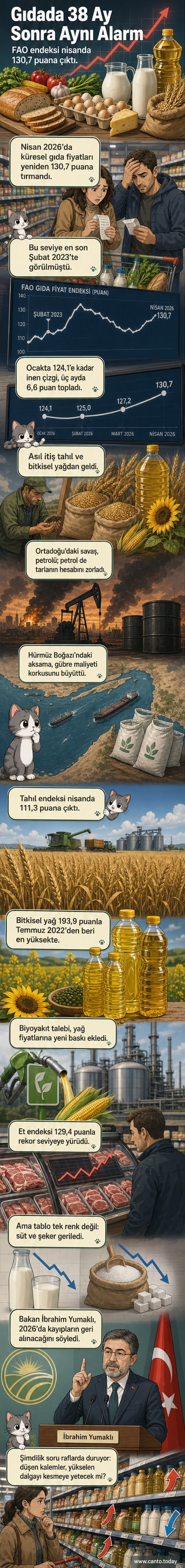 Grafiklerle gösterilen gıda fiyat endekslerinde tahıl ve bitkisel yağlarda yükseliş, süt ve şekerde düşüş görülüyor.
